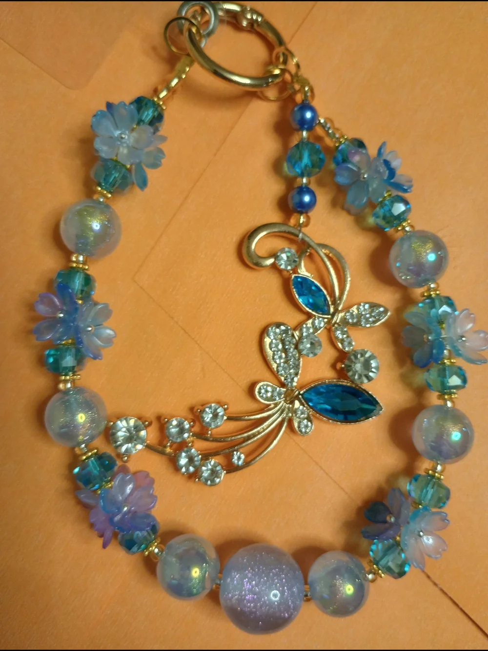 Sparkling Blue Floral Crystal Phone Chain